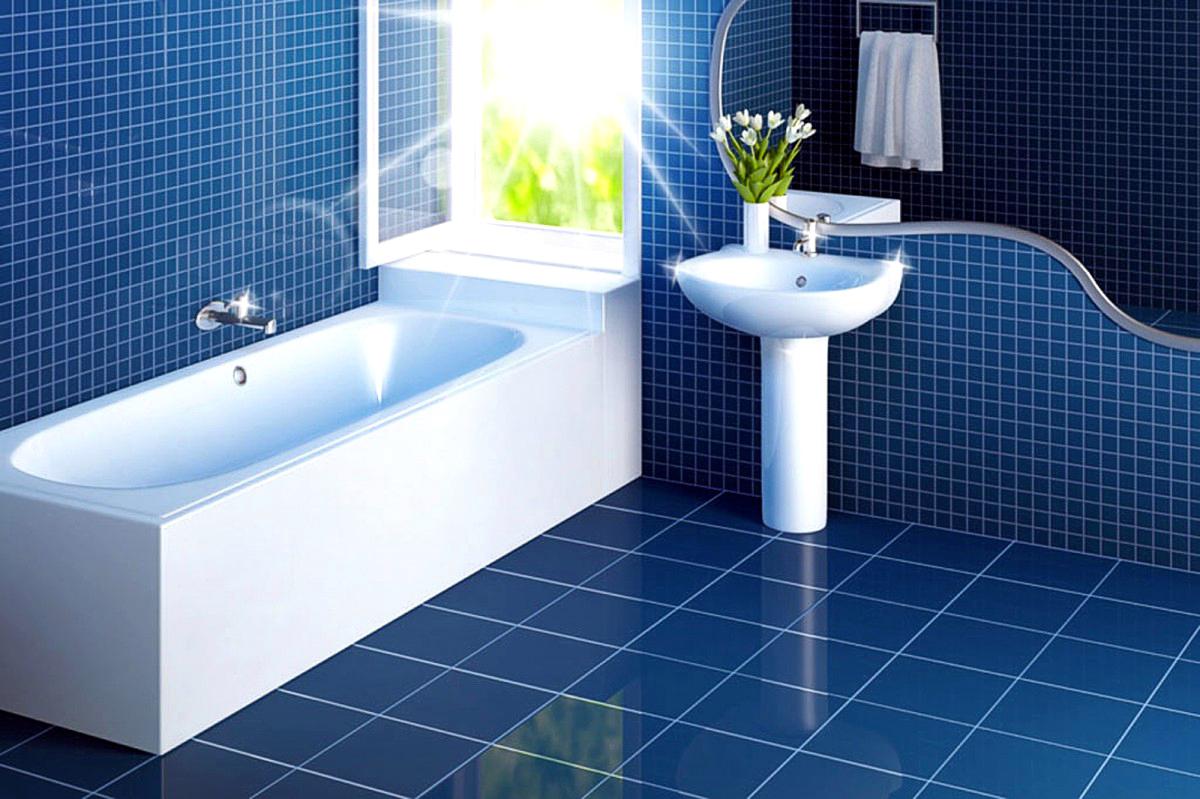 charming bathroom floor blue tile White Bathroom Interiors On Blue Ceramic Floor And Wall Tile Plus Fresh Flower And Window Design